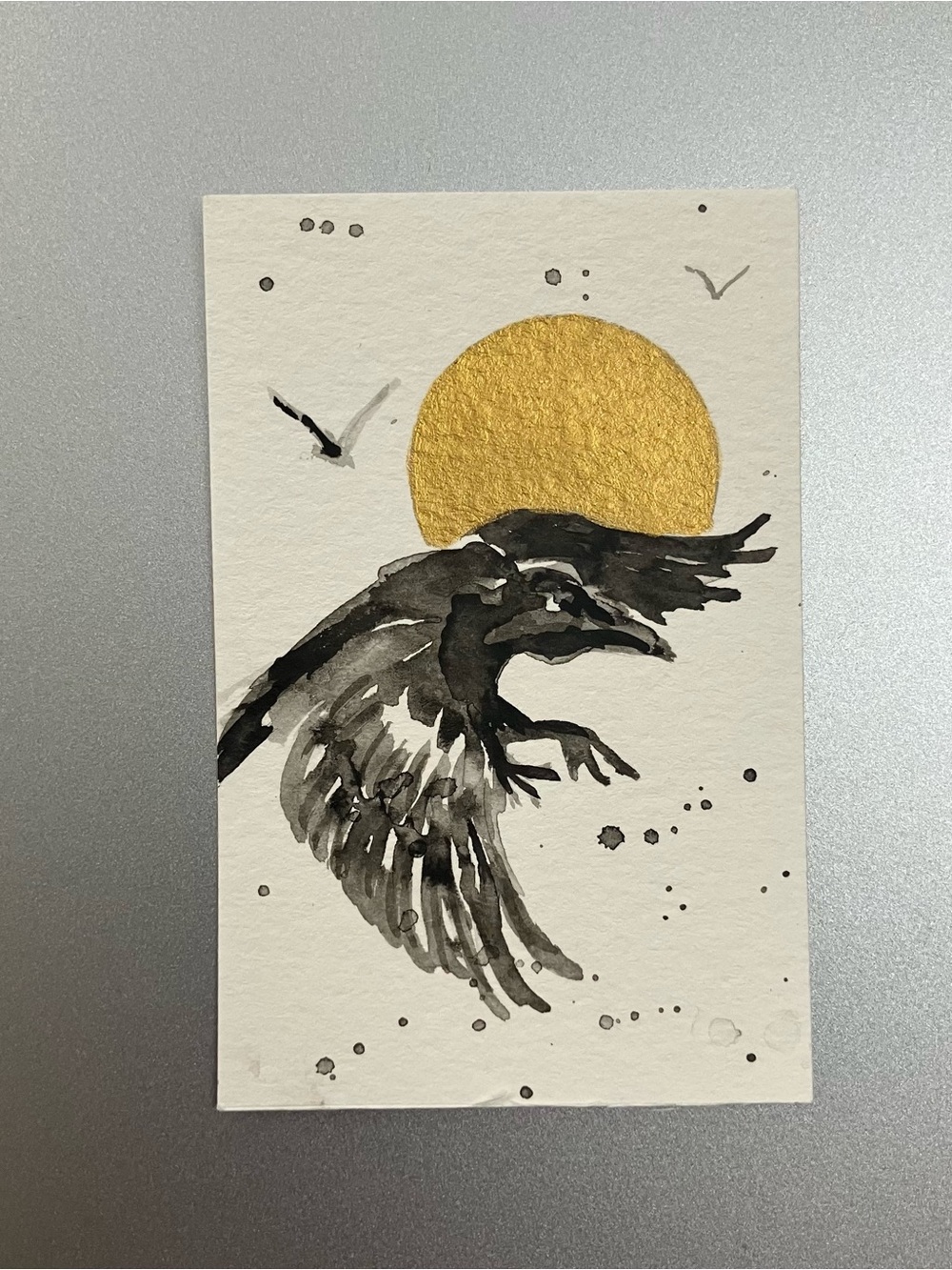 Original raven crow miniature realism painting sumi-e style art ink collectible